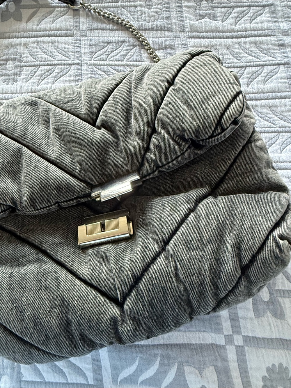 Zara Quilted Shoulder Bag in Gray with Silver Hardware